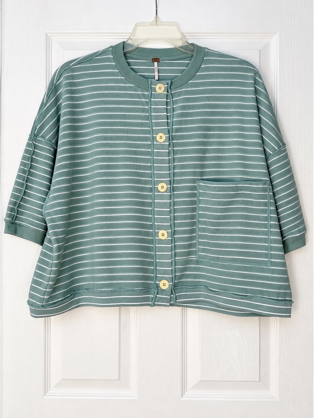 Free People Women's M Sage Green Striped Oversized Button Front Cardigan